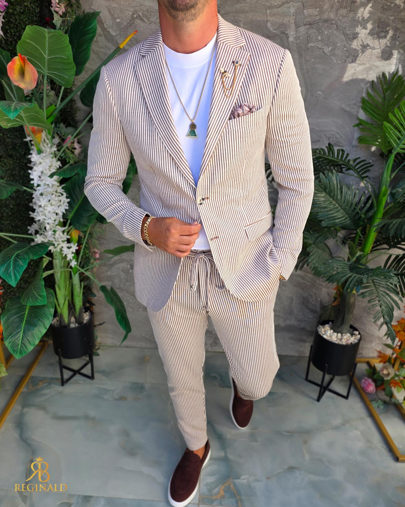 Costum de bărbați, Maro cu dungi albe : Sacou si Pantalon - C5293 - imagine 5