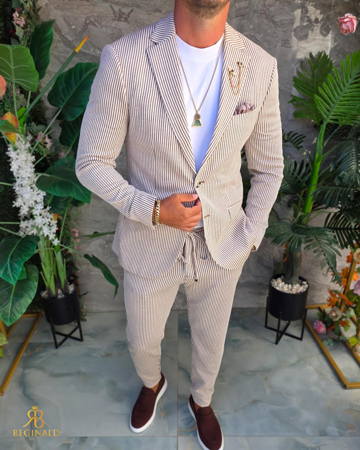 Costum de bărbați, Maro cu dungi albe : Sacou si Pantalon - C5293 - imagine 6