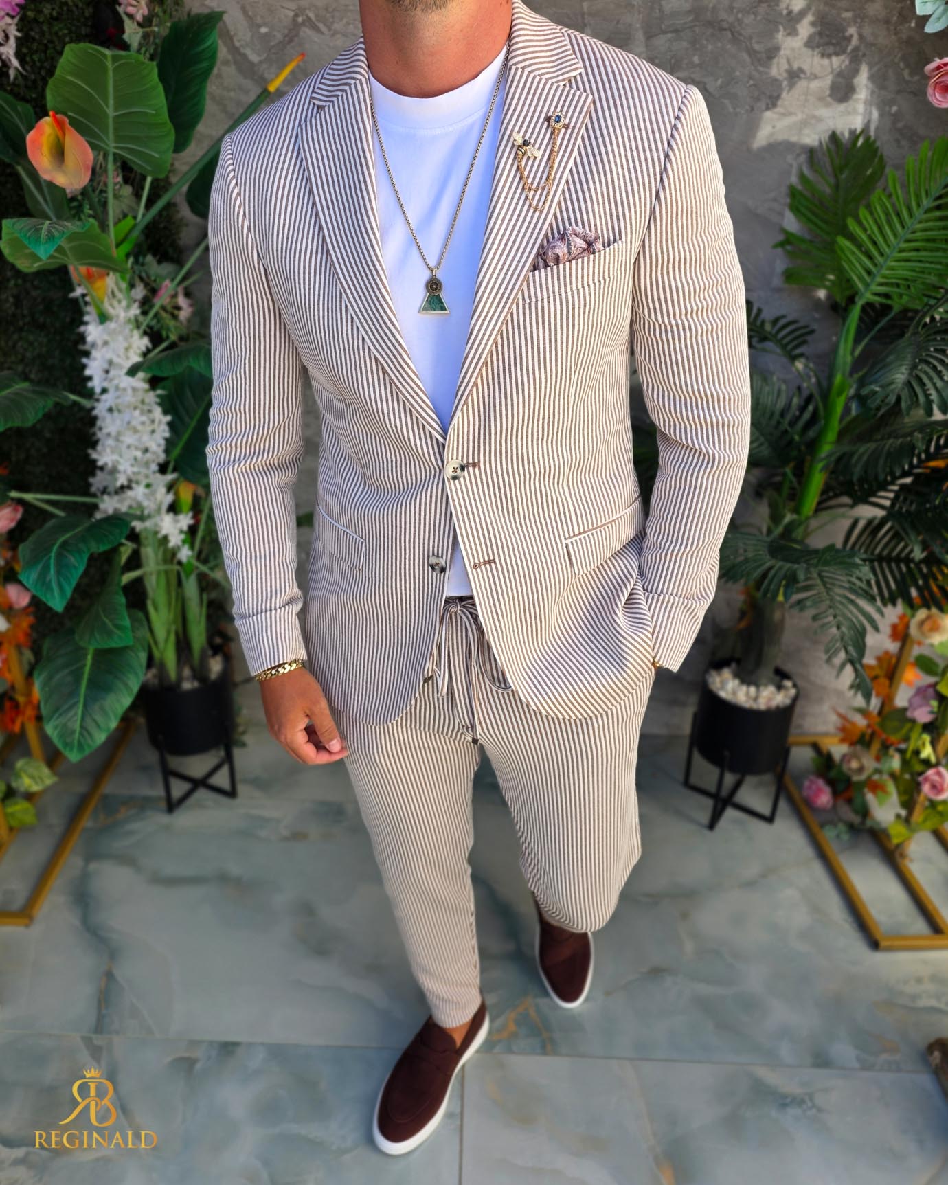 Costum de bărbați, Maro cu dungi albe : Sacou si Pantalon - C5293 - imagine 7