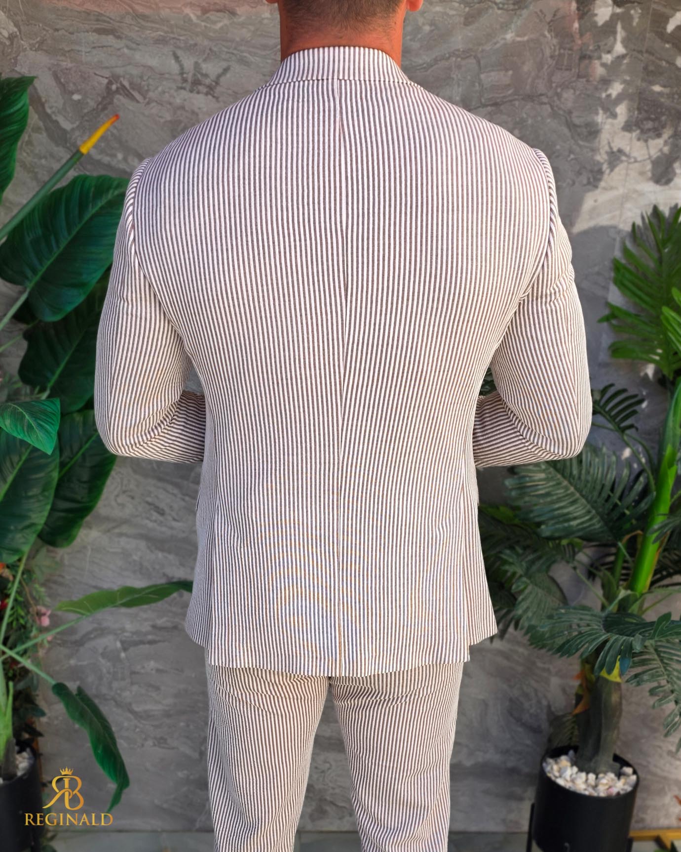 Costum de bărbați, Maro cu dungi albe : Sacou si Pantalon - C5293 - imagine 10