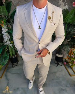 Alternative view of Costum de bărbați, Crem cu dungi albe : Sacou si Pantalon - C5296