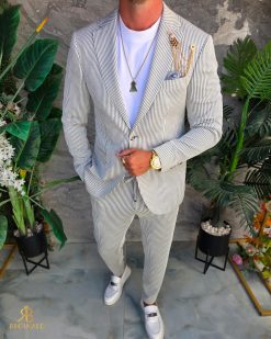 Alternative view of Costum de bărbați, Verde deschis cu dungi albe: Sacou si Pantalon - C5297