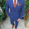 Costum bărbătesc Double-Breasted Slim Fit – Bleu cu dungi fine - C5325