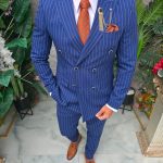 Costum bărbătesc Double-Breasted Slim Fit – Bleu cu dungi fine - C5325