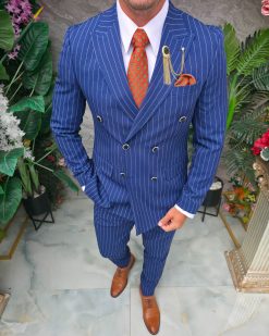 Costum bărbătesc Double-Breasted Slim Fit – Bleu cu dungi fine - C5325