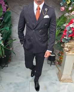Costum bărbătesc Double-Breasted – Negru cu Dungi Albe - C5326