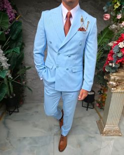 Costum bărbătesc Double-Breasted Slim Fit – Bleu cu dungi fine - C5324
