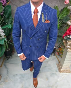 Alternative view of Costum bărbătesc Double-Breasted Slim Fit – Bleu cu dungi fine - C5325