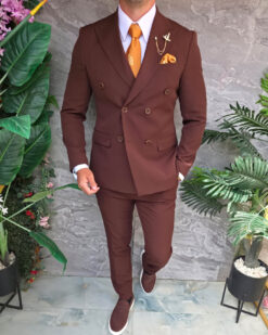 Costum bărbătesc Slim Fit maro intens – Sacou și Pantaloni - C5327 - immagine 3