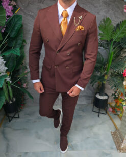 Costum bărbătesc Slim Fit maro intens – Sacou și Pantaloni - C5327 - immagine 4
