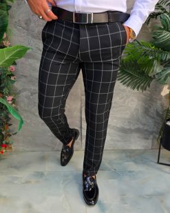 Alternative view of Pantaloni negri cu carouri albe, elastici, croiala conica - PN860