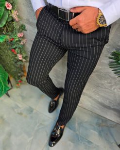 Alternative view of Pantaloni negri cu dungi albe, elastici, croiala conica - PN859