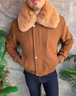 Jacheta de bărbați, maro, guler de blana - GC721