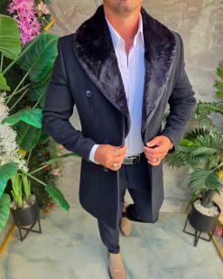 Palton de bărbați, Slim Fit, Bleumarin cu nasturi - PT504