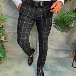 Pantaloni negri cu carouri albe, elastici, croiala conica - PN860