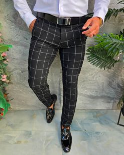 Pantaloni negri cu carouri albe, elastici, croiala conica - PN860
