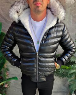 Geaca de iarna groasa, neagra, din piele, cu blana la gluga - GC165