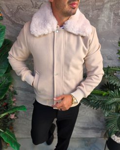 Jacheta de bărbați, bej, guler de blana - GC722