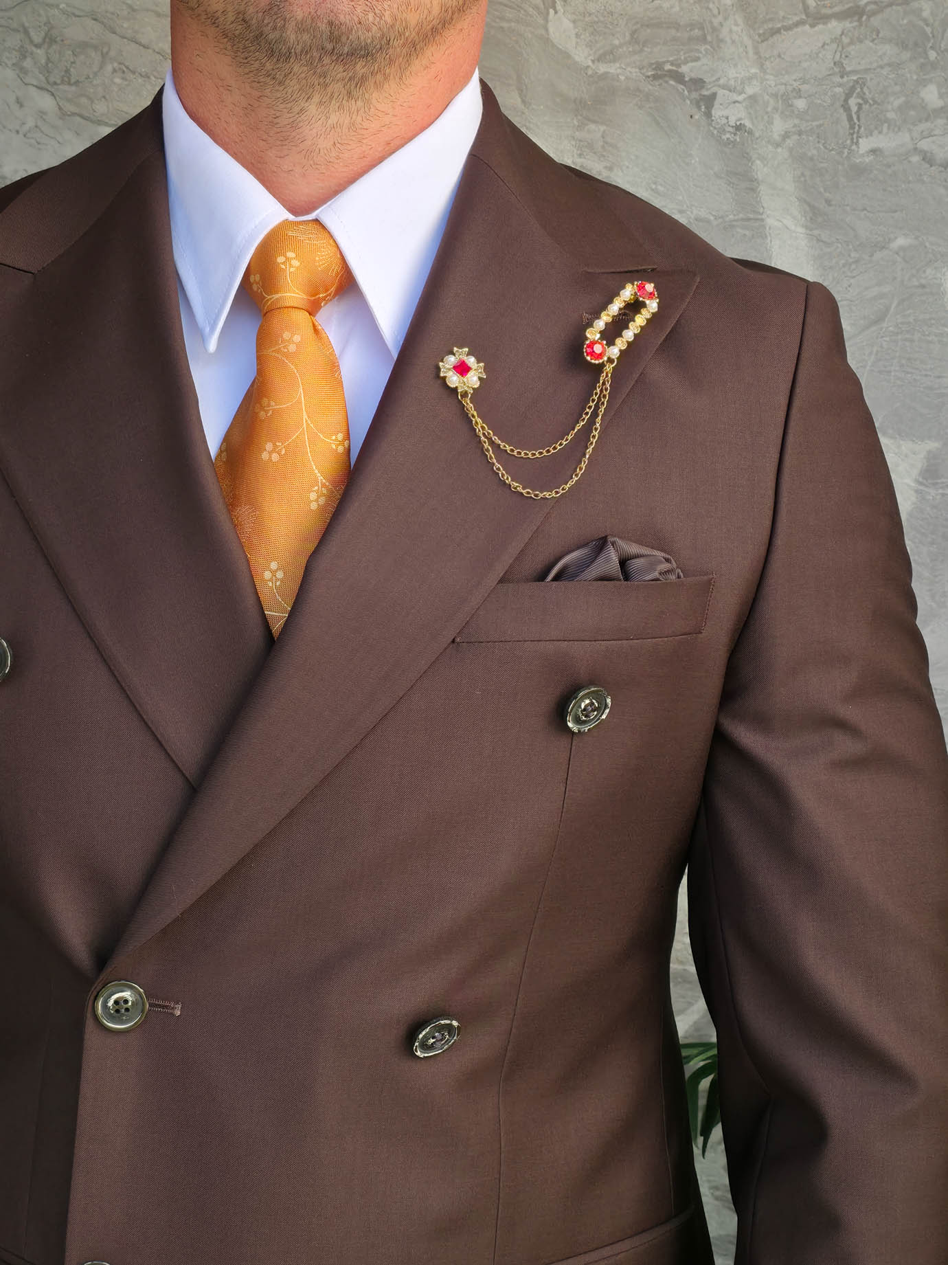 Costum bărbătesc maro Double-Breasted din 100% lână – 2 piese - C5321 - imagine 6