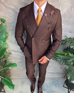 Costum bărbătesc maro Double-Breasted din 100% lână – 2 piese - C5321