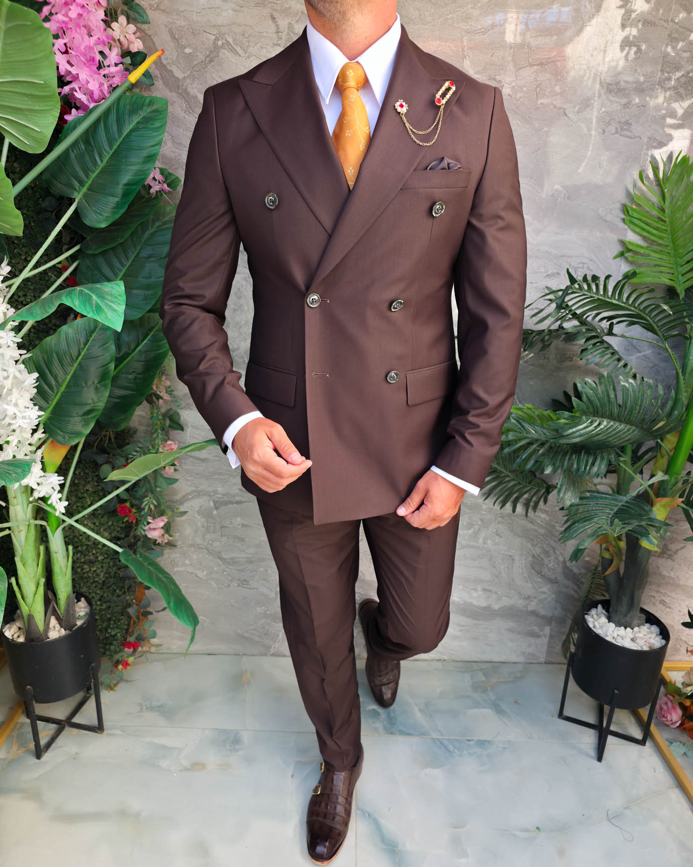 Costum bărbătesc maro Double-Breasted din 100% lână – 2 piese - C5321 - imagine 5