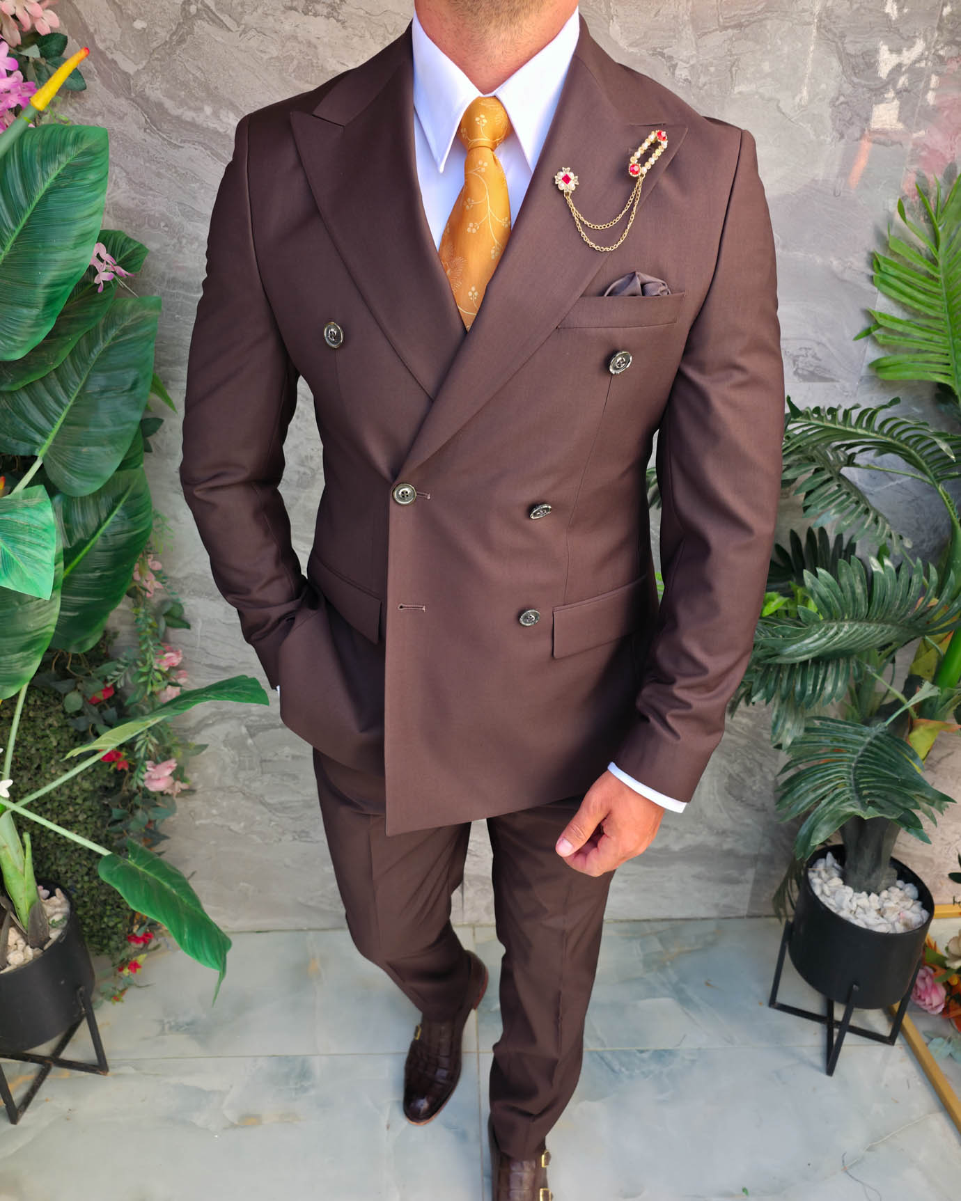 Costum bărbătesc maro Double-Breasted din 100% lână – 2 piese - C5321 - imagine 3
