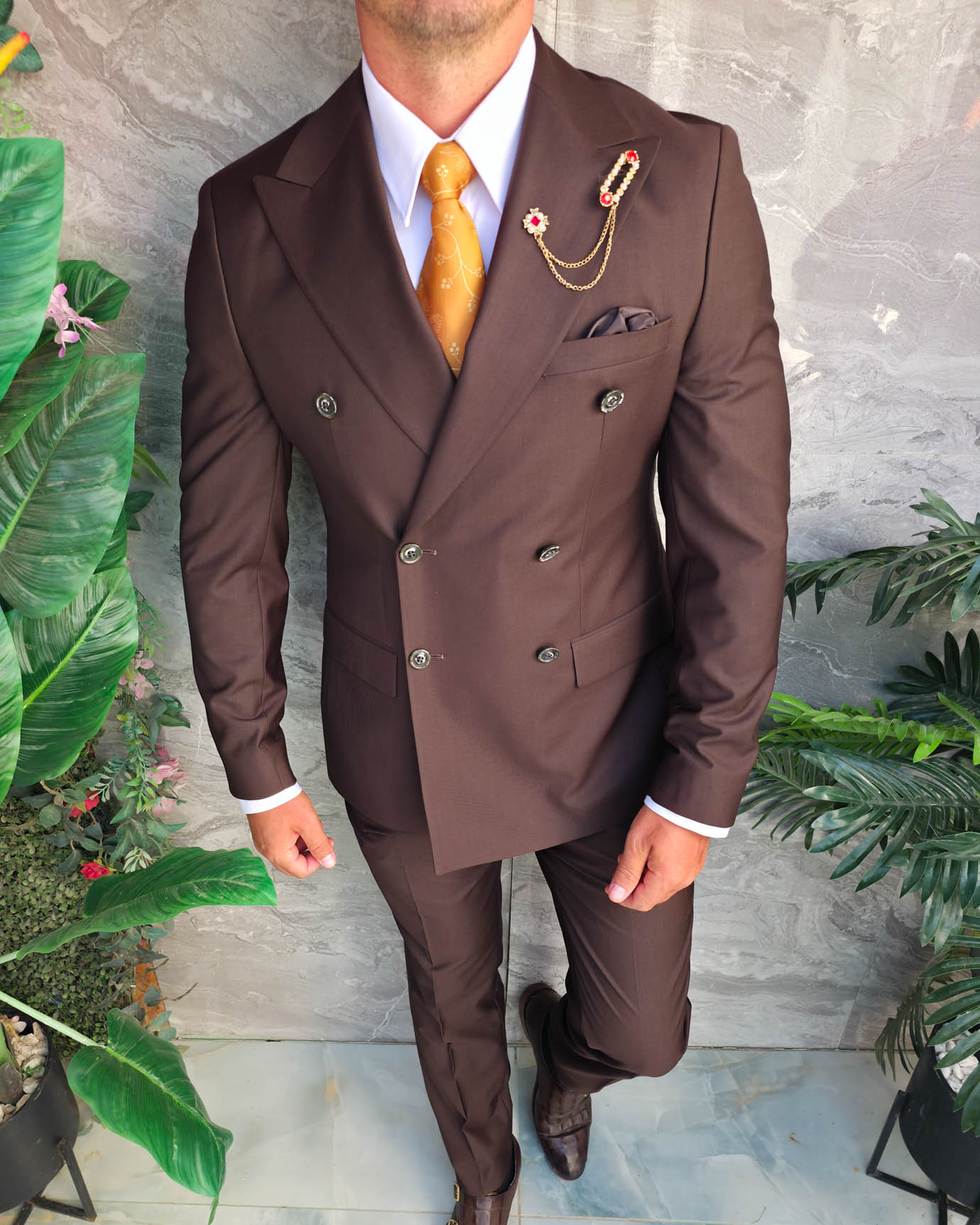 Costum bărbătesc maro Double-Breasted din 100% lână – 2 piese - C5321 - imagine 4