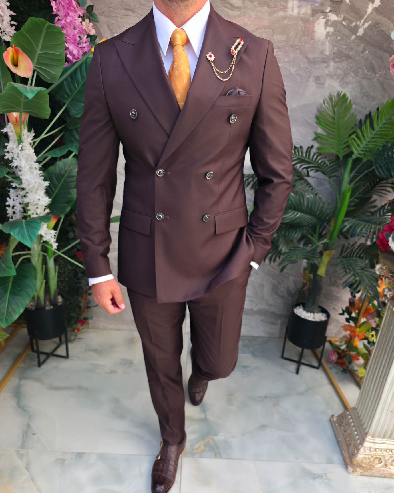 Costum bărbătesc maro Double-Breasted din 100% lână – 2 piese - C5321 - imagine 2