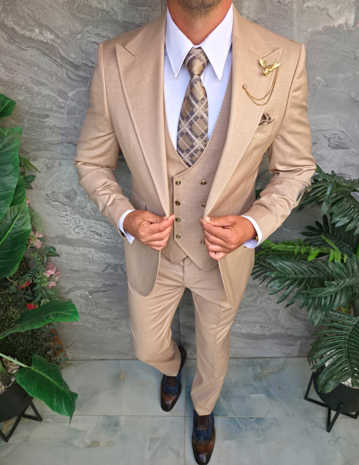 Costum Bărbătesc Slim-Fit 3 Piese – Bej Nude Elegant - C5318 - imagine 4