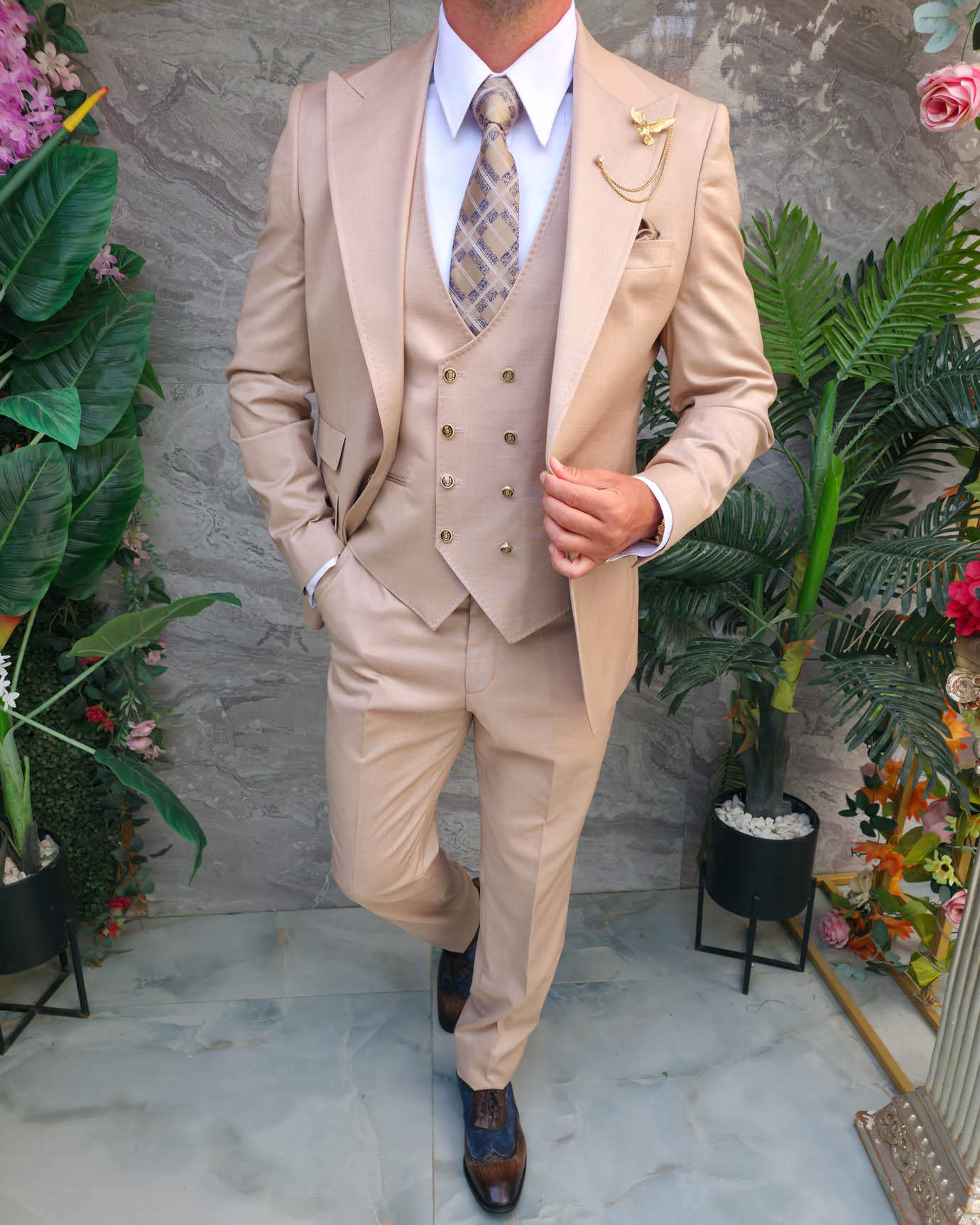 Costum Bărbătesc Slim-Fit 3 Piese – Bej Nude Elegant - C5318 - imagine 5