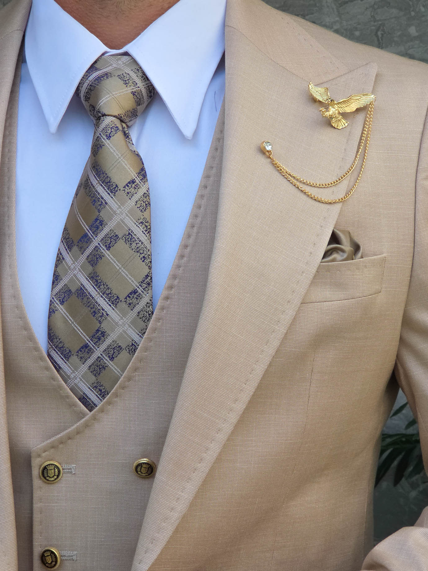 Costum Bărbătesc Slim-Fit 3 Piese – Bej Nude Elegant - C5318 - imagine 8