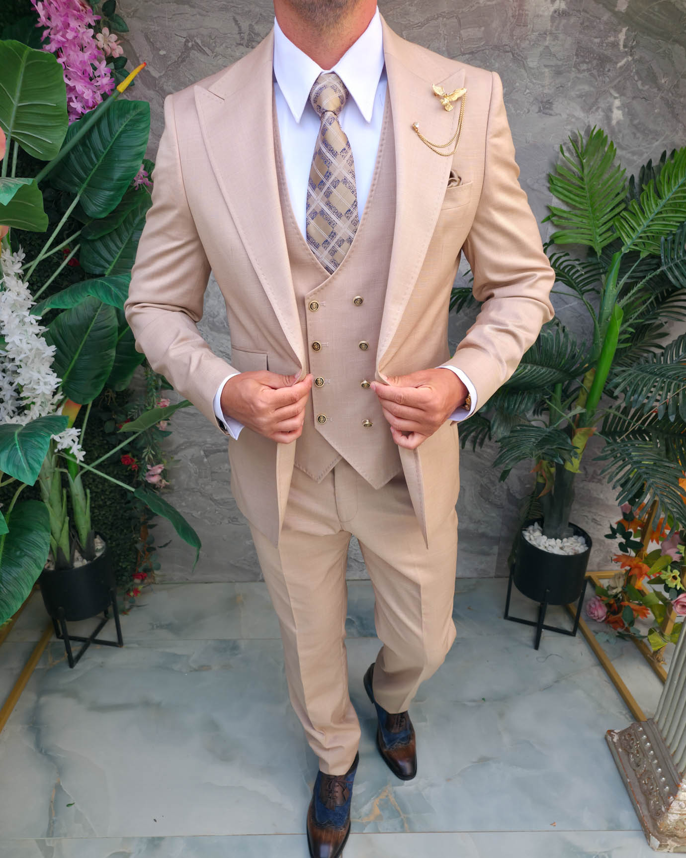 Costum Bărbătesc Slim-Fit 3 Piese – Bej Nude Elegant - C5318 - imagine 6