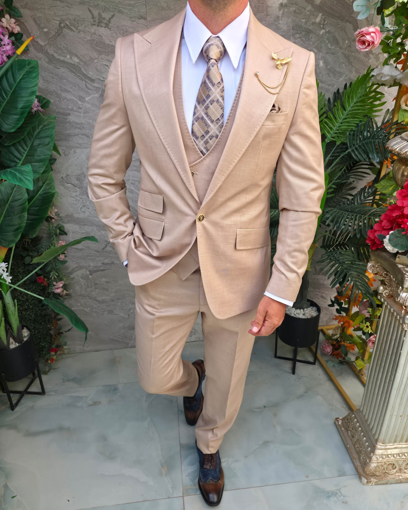 Costum Bărbătesc Slim-Fit 3 Piese – Bej Nude Elegant - C5318 - imagine 3