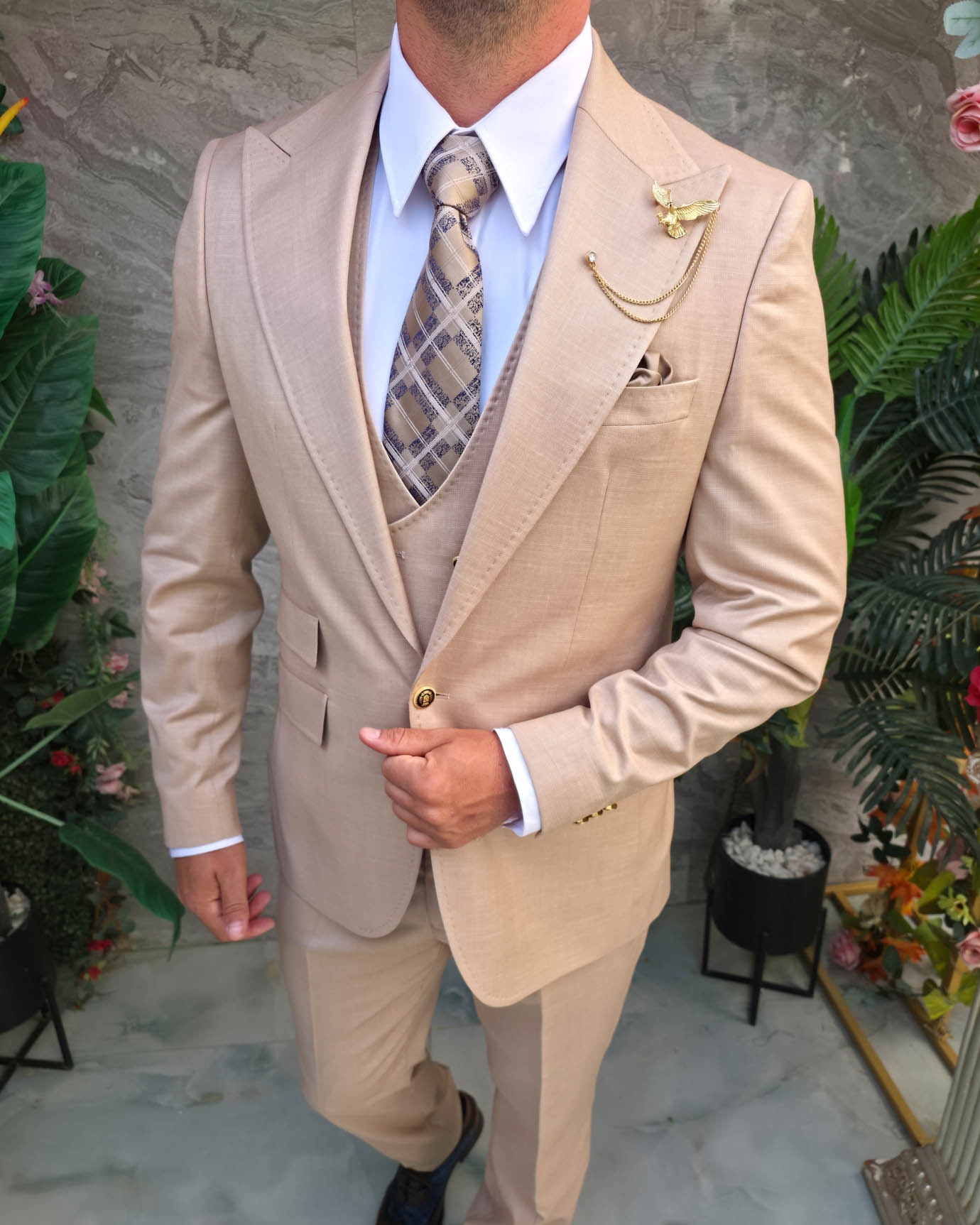 Costum Bărbătesc Slim-Fit 3 Piese – Bej Nude Elegant - C5318 - imagine 2