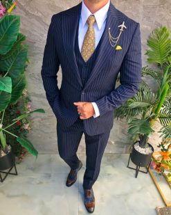 Alternative view of Costum Bărbătesc Slim-Fit 3 Piese – Bleumarin cu Dungi Fine - C5333