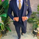 Costum Bărbătesc Slim-Fit 3 Piese – Bleumarin cu Dungi Fine - C5333