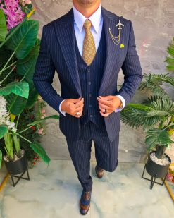 Costum Bărbătesc Slim-Fit 3 Piese – Bleumarin cu Dungi Fine - C5333