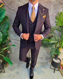 Costum Bărbătesc Slim-Fit 3 Piese – Negru cu Dungi Fine - C5332