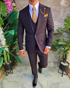 Alternative view of Costum Bărbătesc Slim-Fit 3 Piese – Negru cu Dungi Fine - C5332