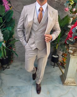 Costum Bărbătesc Slim-Fit 3 Piese – Bej Deschis - C5313