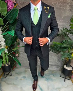 Alternative view of Costum Bărbătesc Slim-Fit 3 Piese – Dungi Fine, Verde Închis - C5311