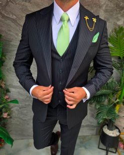 Costum Bărbătesc Slim-Fit 3 Piese – Dungi Fine, Verde Închis - C5311