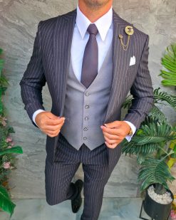 Alternative view of Costum bărbătesc Slim Fit 3 Piese – Negru cu dungi fine gri - C5331