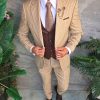 Costum bărbătesc Slim Fit 3 Piese – crem + vestă maro - C5330