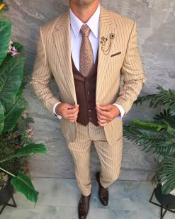 Costum bărbătesc Slim Fit 3 Piese – crem + vestă maro - C5330
