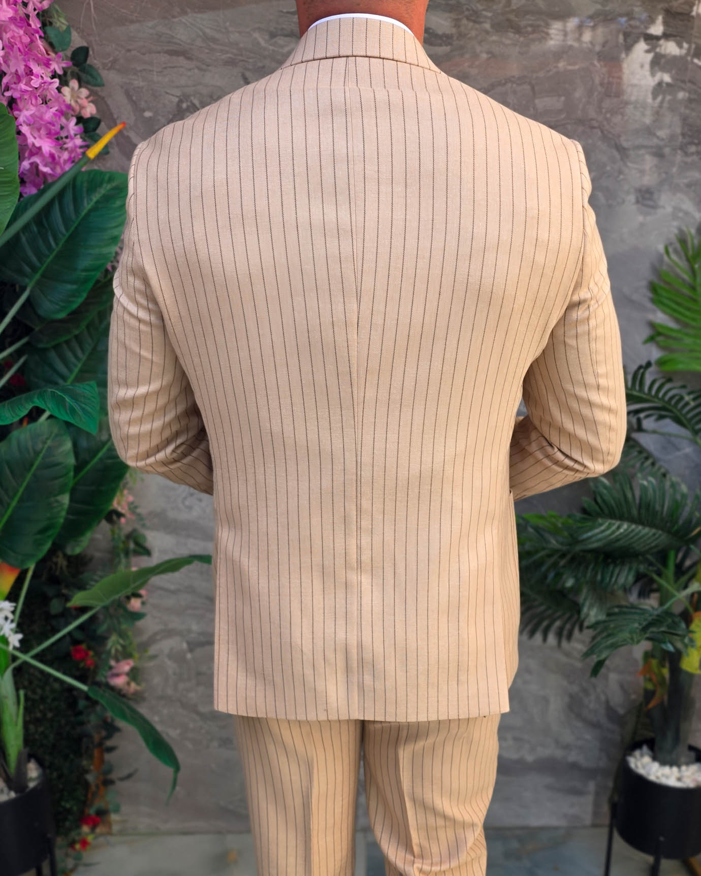 Costum bărbătesc Slim Fit 3 Piese – crem + vestă maro - C5330 - imagine 11