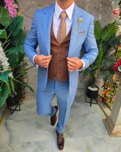 Costum bărbătesc Slim Fit 3 Piese – Albastru deschis + vestă maro - C5329