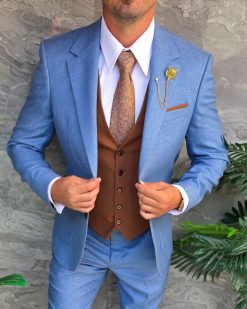 Alternative view of Costum bărbătesc Slim Fit 3 Piese – Albastru deschis + vestă maro - C5329