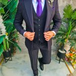 Costum Bărbătesc Slim-Fit 3 Piese – Negru cu Dungi Fine - C5316