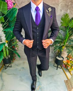 Costum Bărbătesc Slim-Fit 3 Piese – Negru cu Dungi Fine - C5316